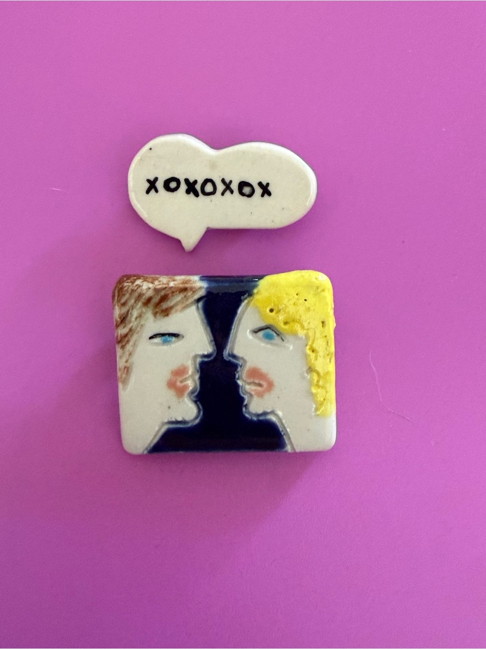 Ceramic Kiss & XOXO Brooch Set — White and Yellow Accent Pins